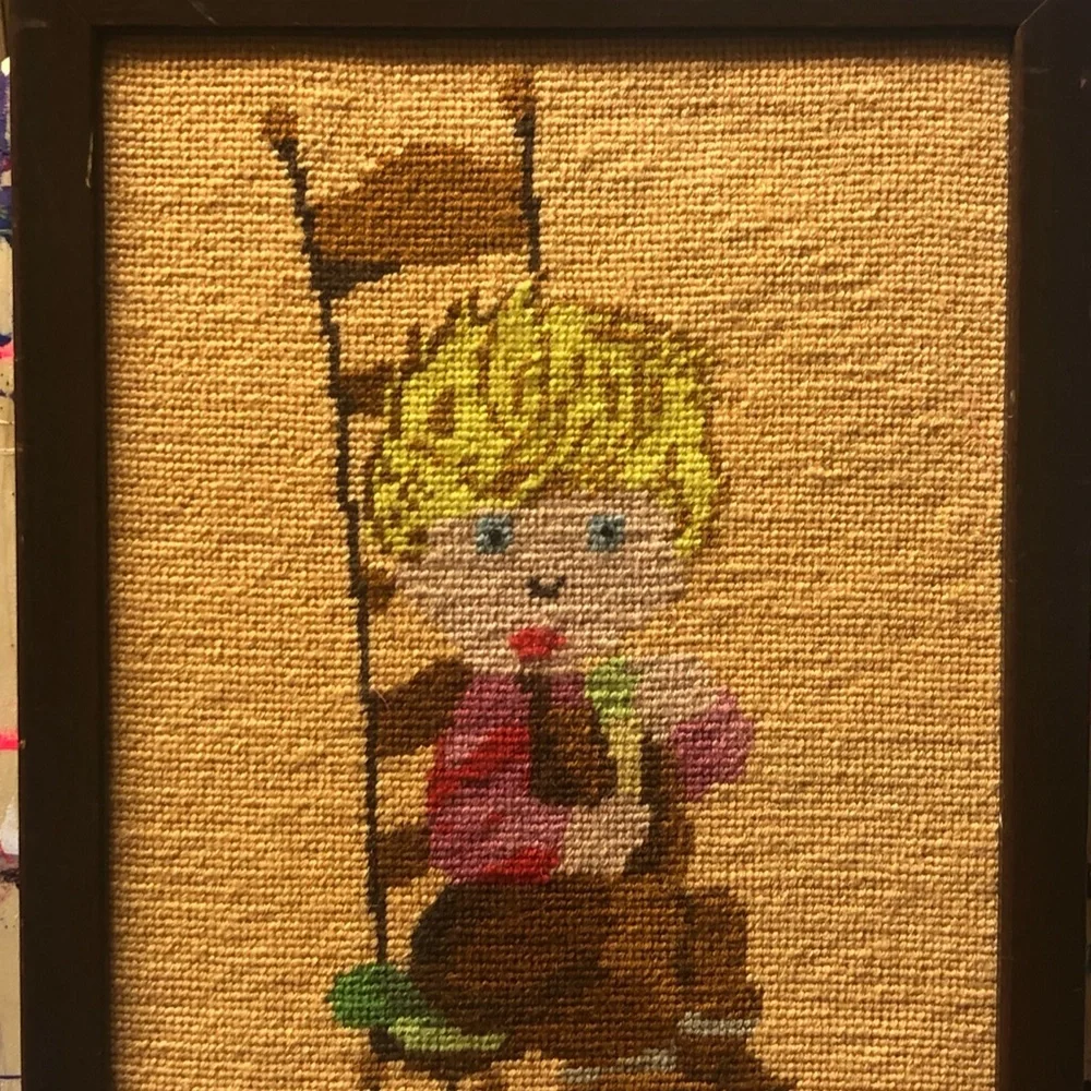 VINTAGE HANDMADE NEEDLEPOINT BLONDE BOY SITTING IN CHAIR